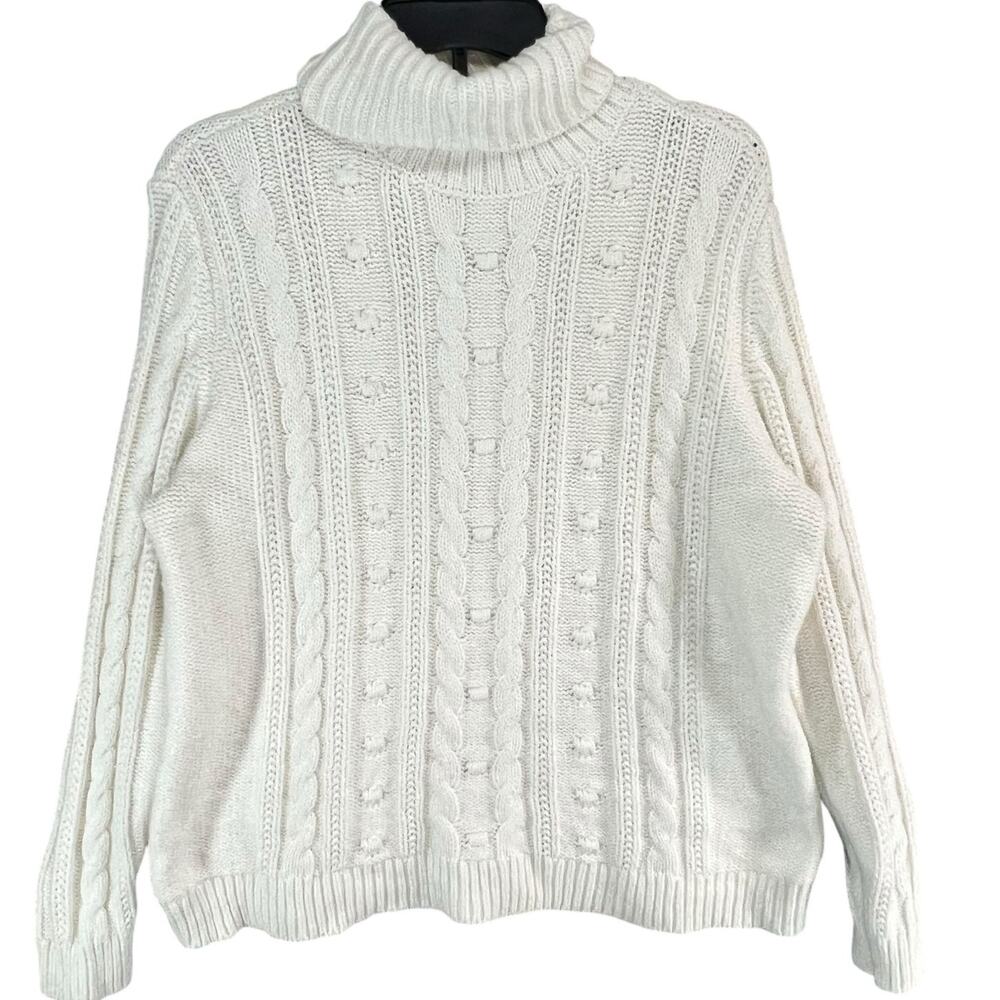 Lands End Sweater‎ Womens L Petite Cream Cable Knit Fisherman Turtleneck Cozy